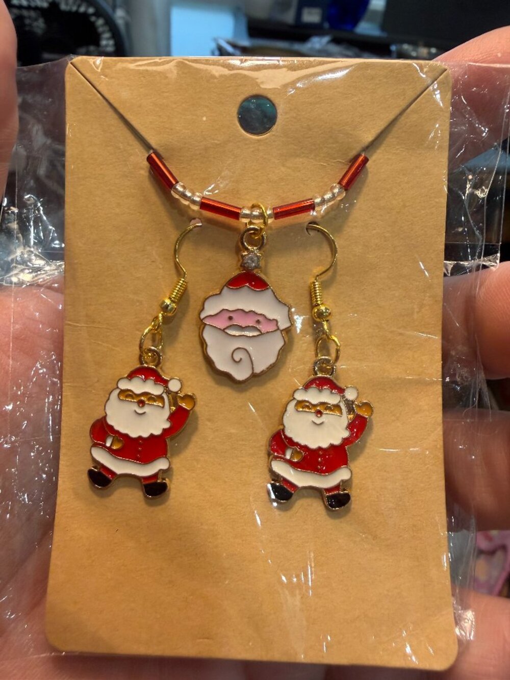 🎅 Holiday Christmas Earring & Choker Suite: Enameled Santa Claus & Bugle Beads